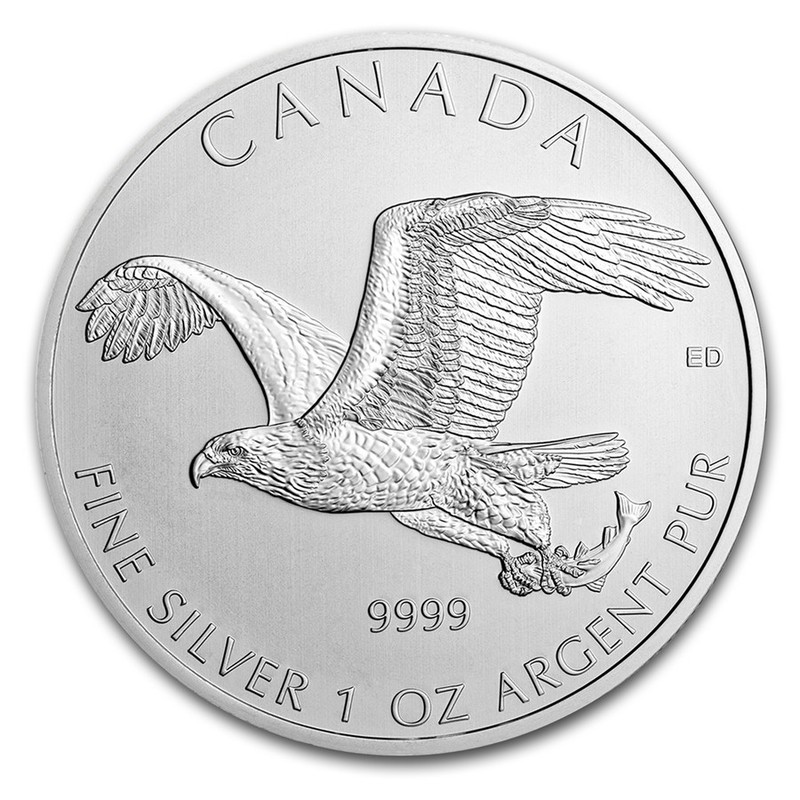 Серебряная монета Канады - Белоголовый орлан, 2014 г.в., 31,1 г чистого серебра (проба 9999)