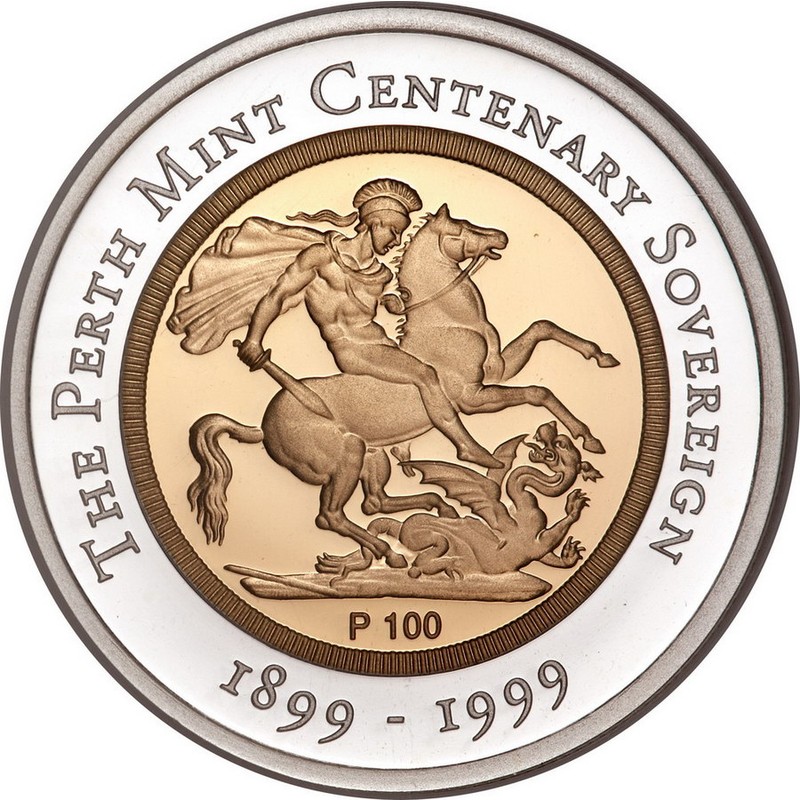 Золотая памятная монета Юбилейный Соверен 1999 г.в., (Австралия), 13 г  чистого золота, проба 917 и серебра, проба 999